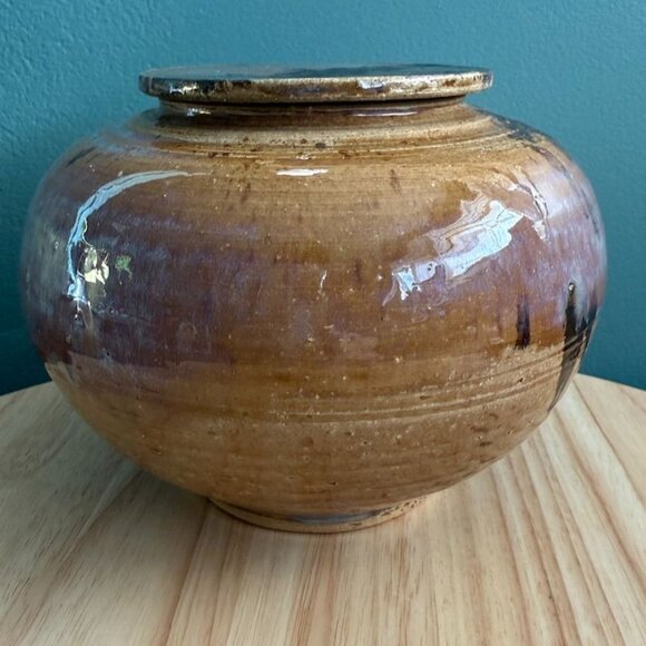 Vintage Handcrafted Glazed Ceramic Jar With Lid Brown Purple Drip Unsigned - Picture 3 of 9